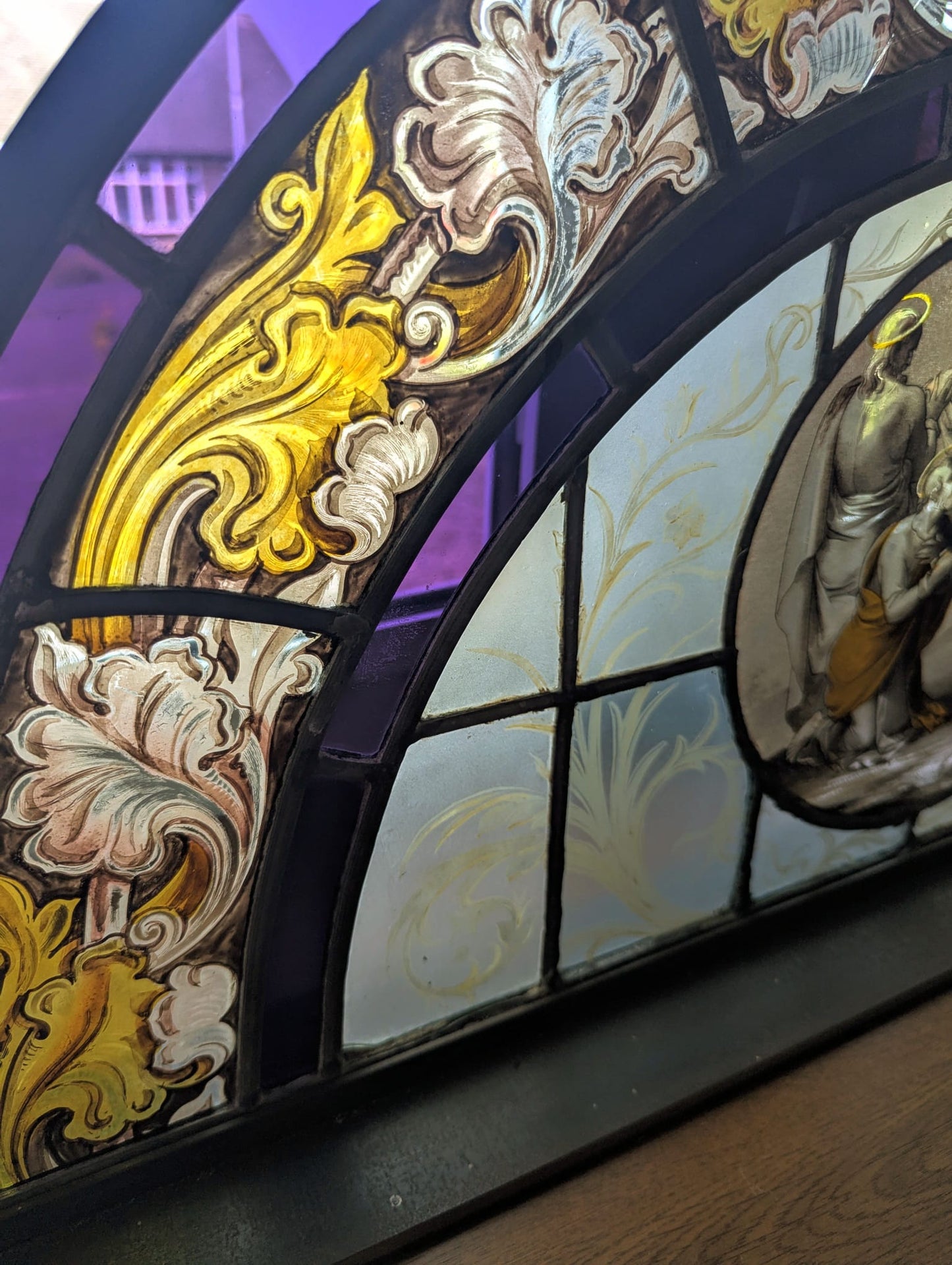 Hand painted 19th century religious Stained Glass with Steel Stand - Delivery Available