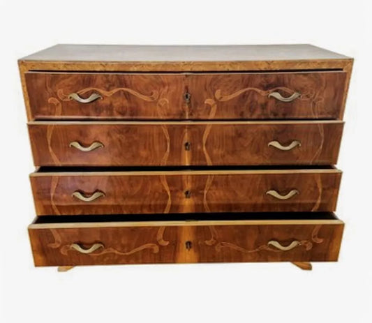 Italian Inlaid Art Deco Walnut Route Chest Dresser - Free UK Delivery