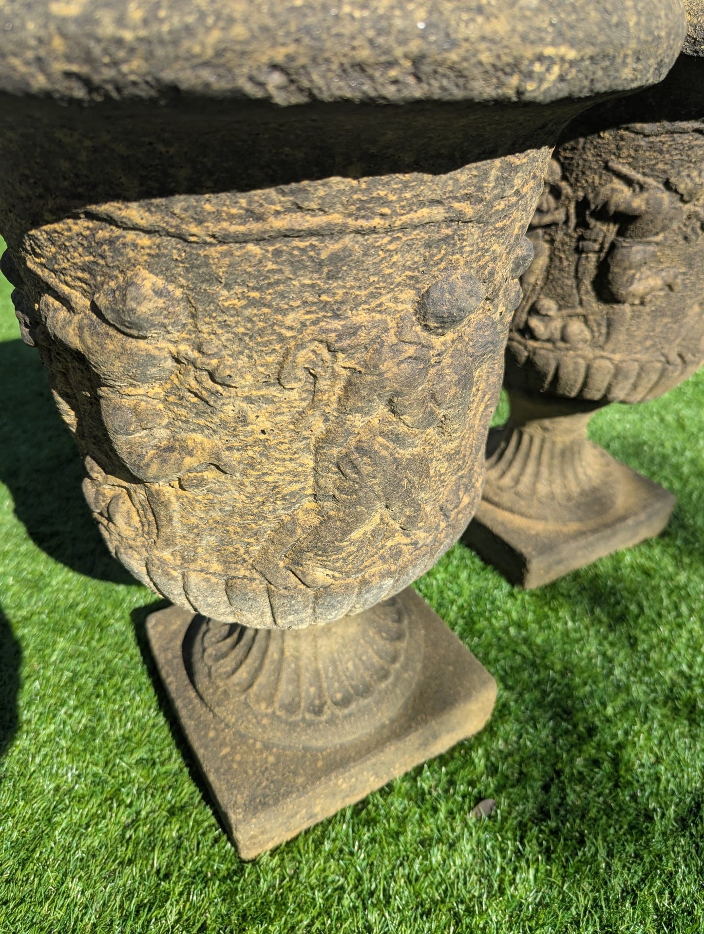 Pair 19th C Italian Style Stone Urns Classical Figure Decor - Delivery Available