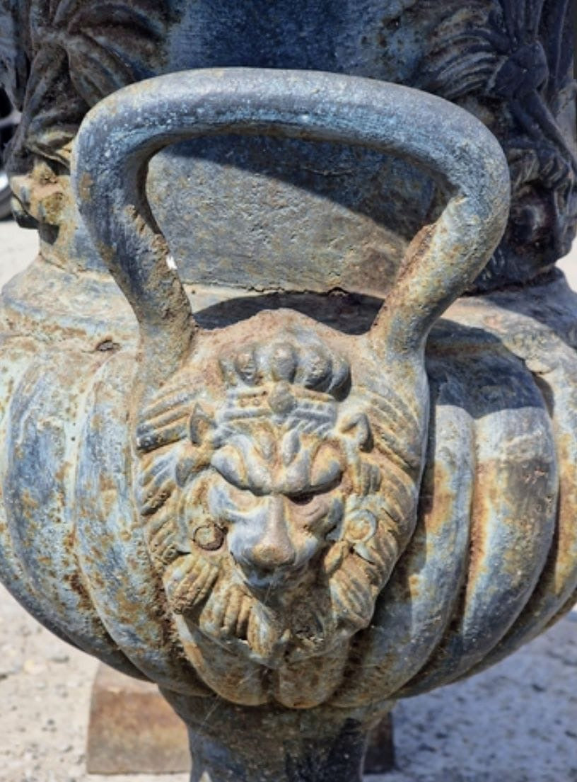 Pair huge 19th Century cast iron Campana Urns Lion handles - UK Delivery Available