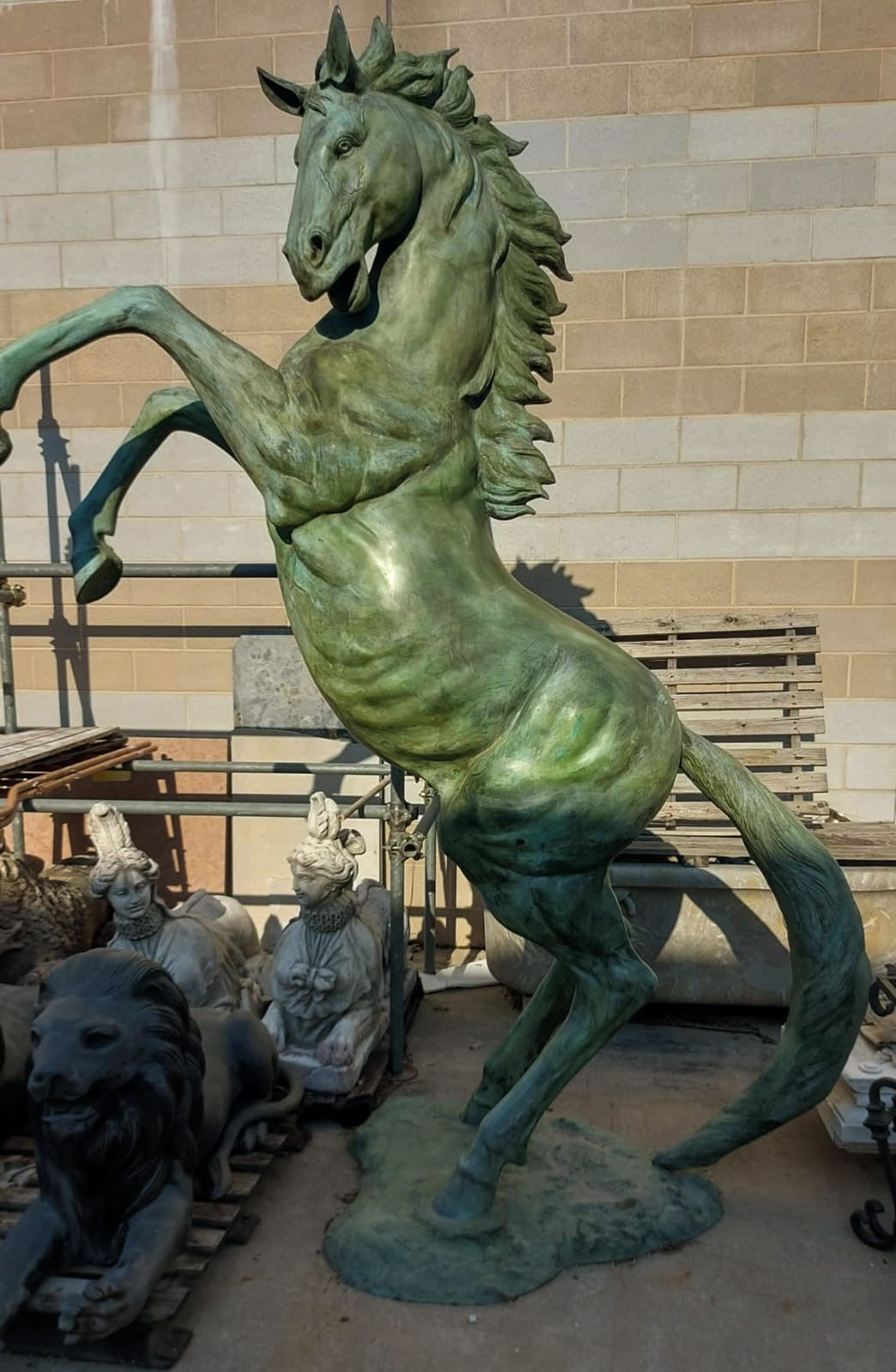 Large statement bronze Verdigris rearing stallion statue - delivery available