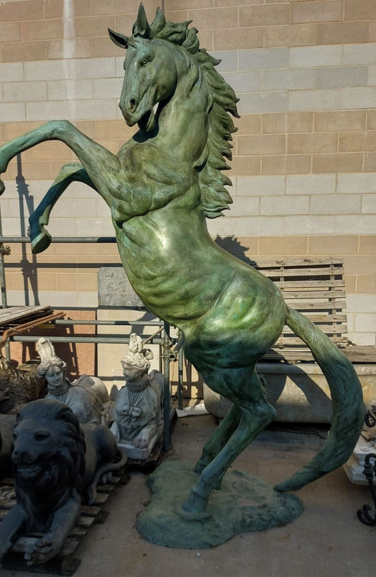 Large statement bronze Verdigris rearing stallion statue - delivery available