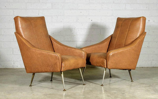 Vintage 1960s Italian Armchairs Tapering Brass Supports - Free UK Delivery