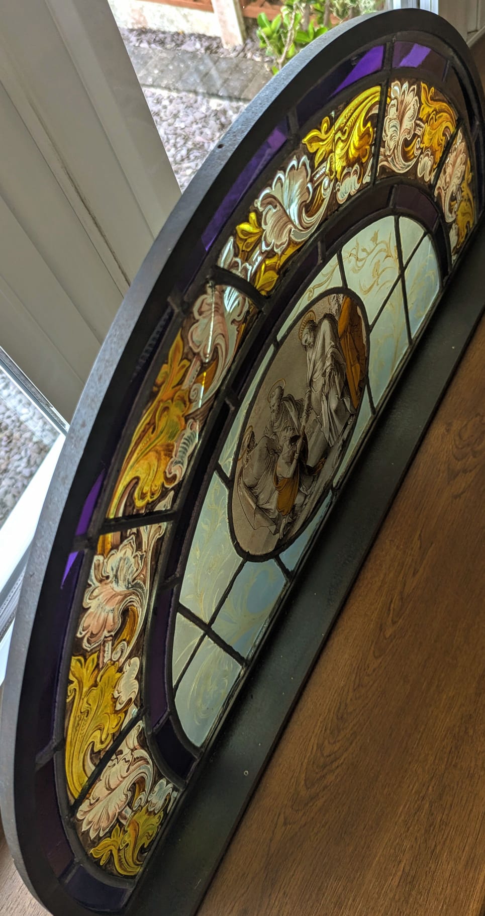 Hand painted 19th century religious Stained Glass with Steel Stand - Delivery Available