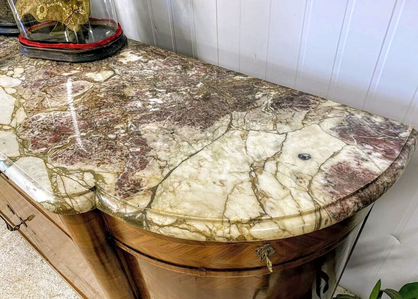 Louis XV Bow front shape rare pink Marble top quarter vaneered sideboard - Delivery Available