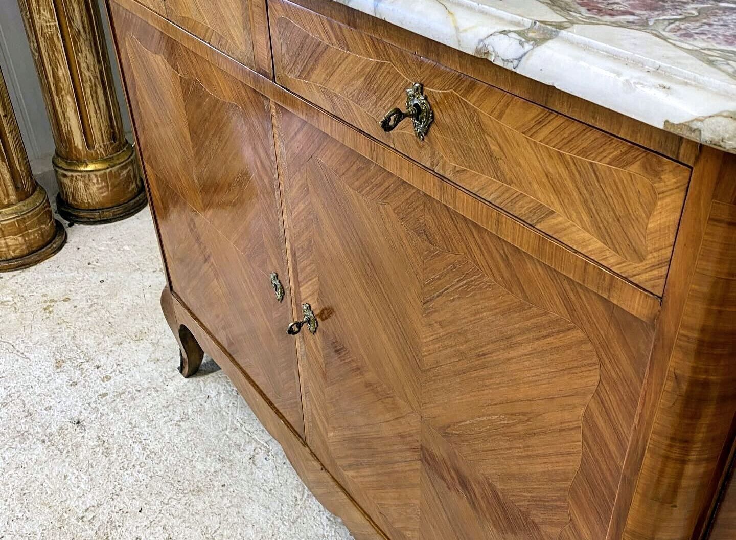 Louis XV Bow front shape rare pink Marble top quarter vaneered sideboard - Delivery Available