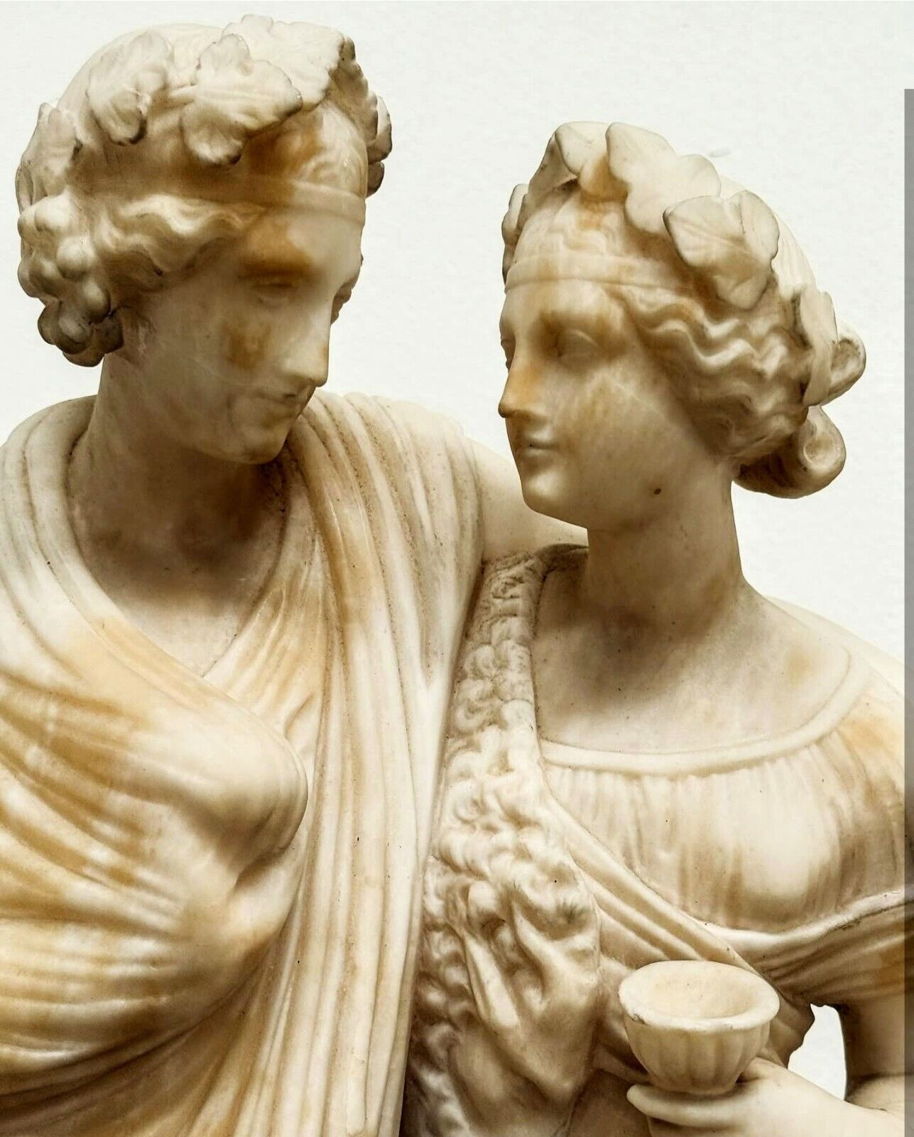 Rare Carved Alabaster Statue Bacchus & Ariadne with Plinth - Free UK Delivery