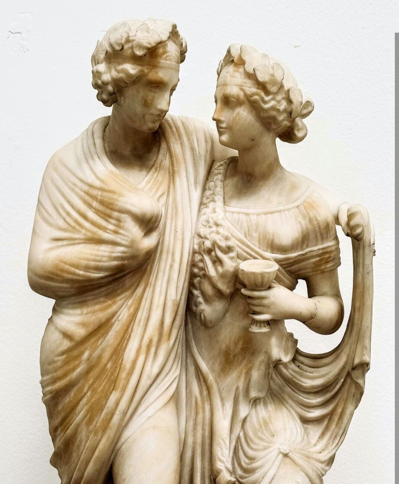 Rare Carved Alabaster Statue Bacchus & Ariadne with Plinth - Free UK Delivery