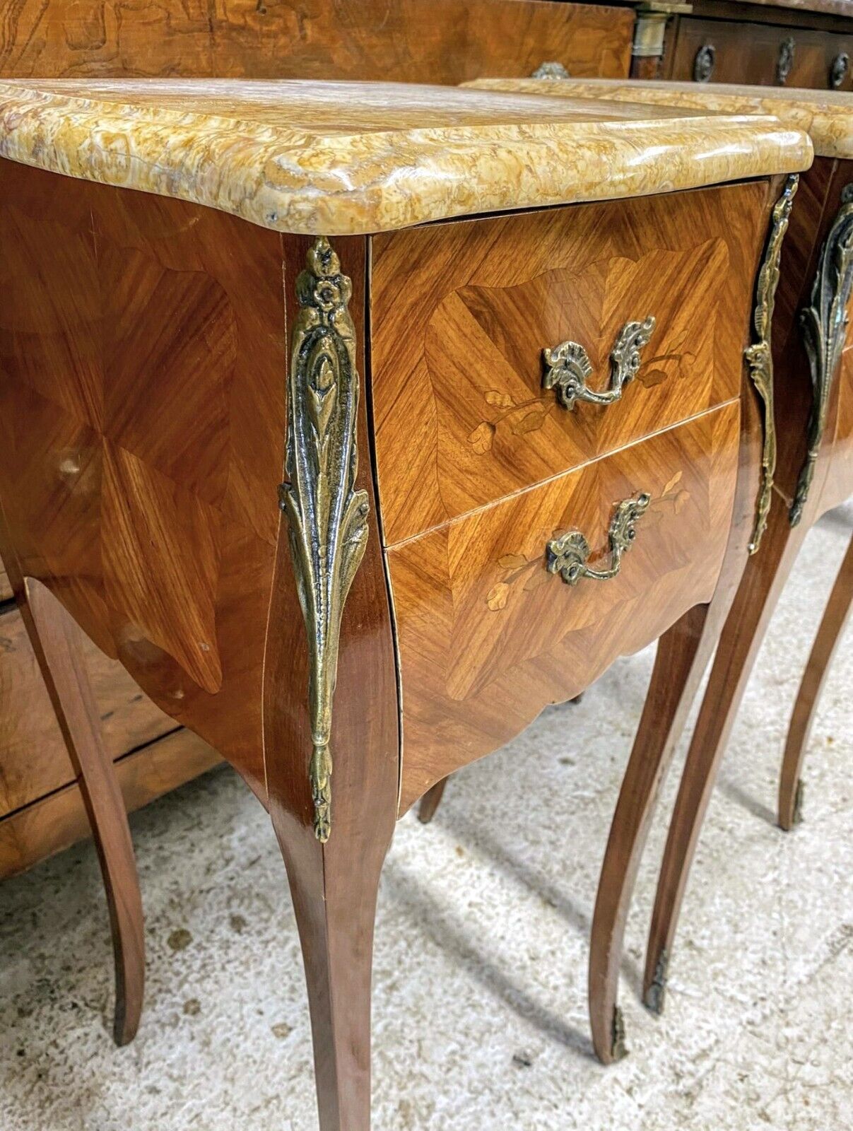 Beautiful French Louis XV Tulipwood Marquetry Side Tables - Free UK Delivery