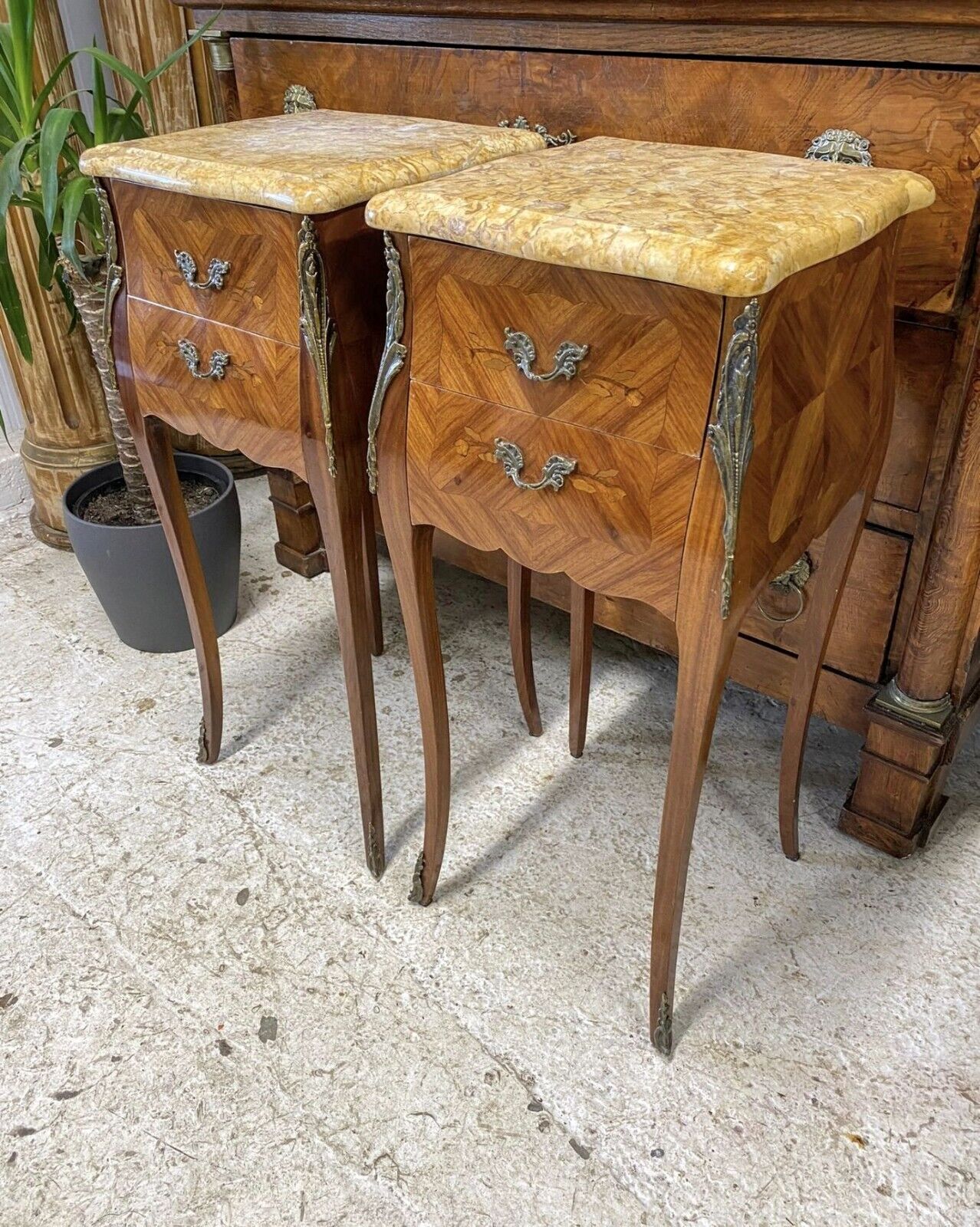 Beautiful French Louis XV Tulipwood Marquetry Side Tables - Free UK Delivery