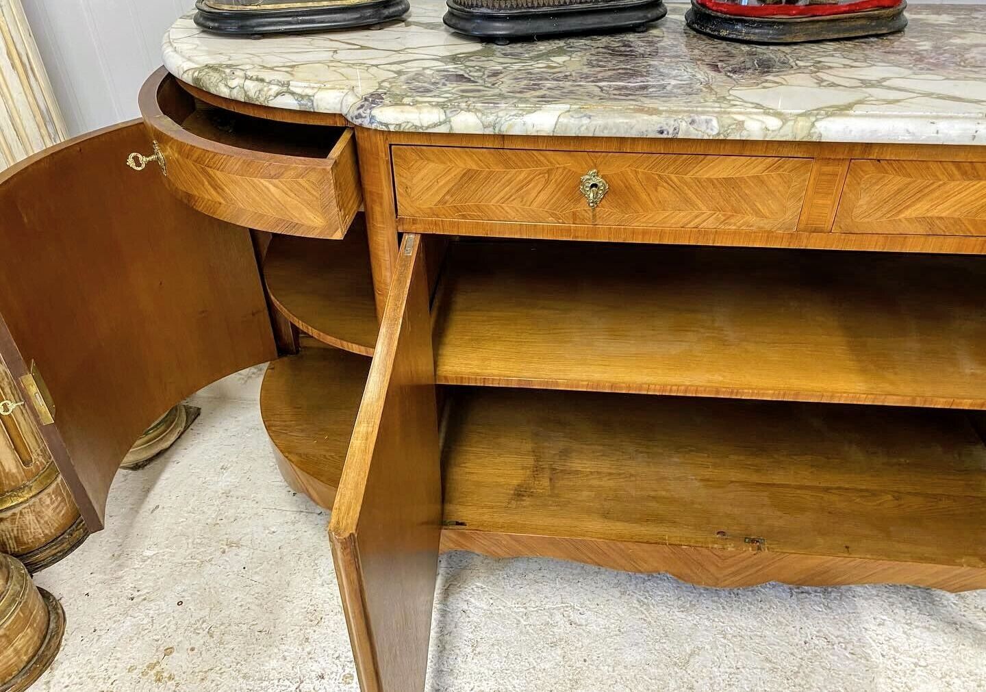 Louis XV Bow front shape rare pink Marble top quarter vaneered sideboard - Delivery Available