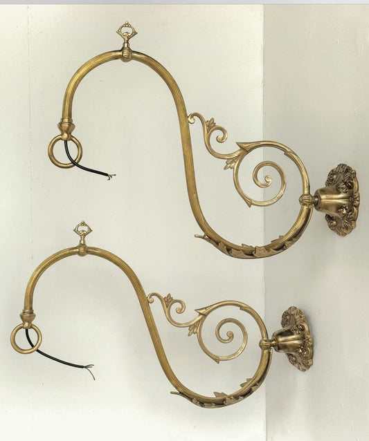 Pair of Vintage Solid Brass Light Brackets with Wire - Delivery Available In UK