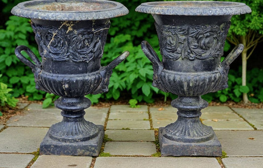 Pair Antique 19th Century cast iron Urns Lion mask handles - UK Delivery Available