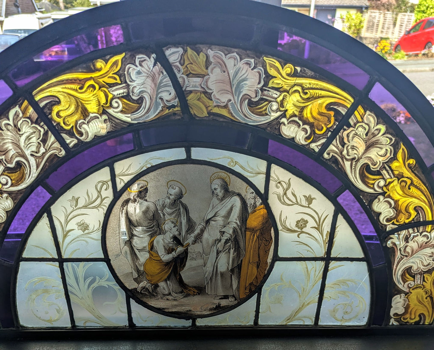 Hand painted 19th century religious Stained Glass with Steel Stand - Delivery Available