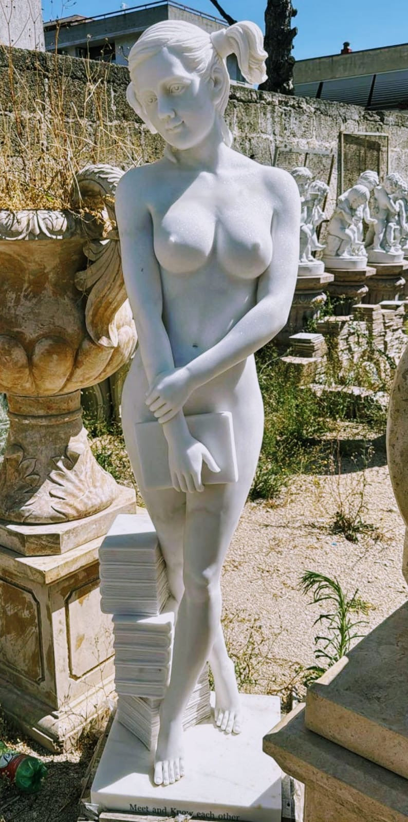 Beautiful white marble library girl statue - delivery available
