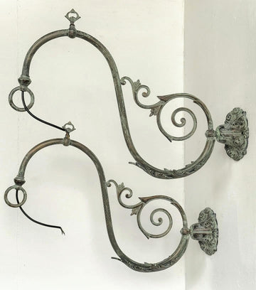 Pair Vintage ornate bronze Verdigris Light Brackets with Wire - Delivery Available
