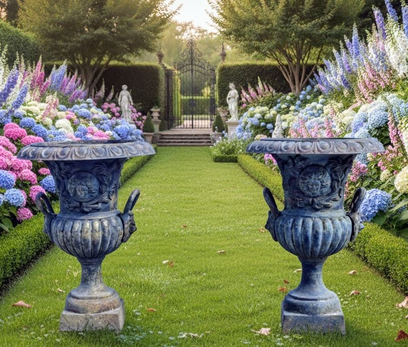 Pair huge 19th Century cast iron Campana Urns Lion handles - UK Delivery Available