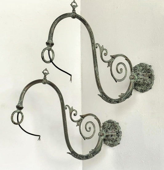 Pair Vintage ornate bronze Verdigris Light Brackets with Wire - Delivery Available