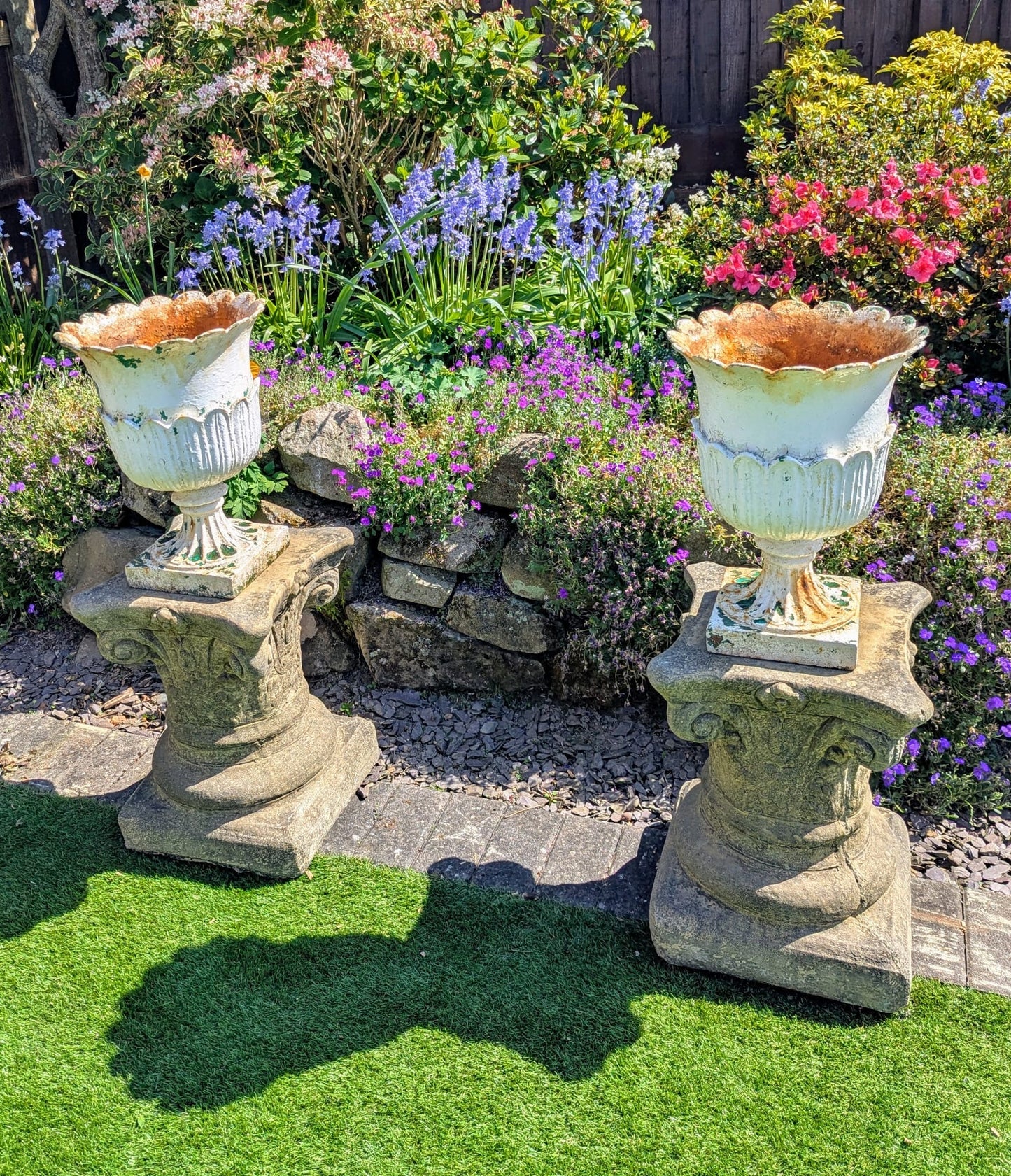 Beautiful Pair Victorian White Lotus Urns Cast Iron Circa 1840 - Delivery Available