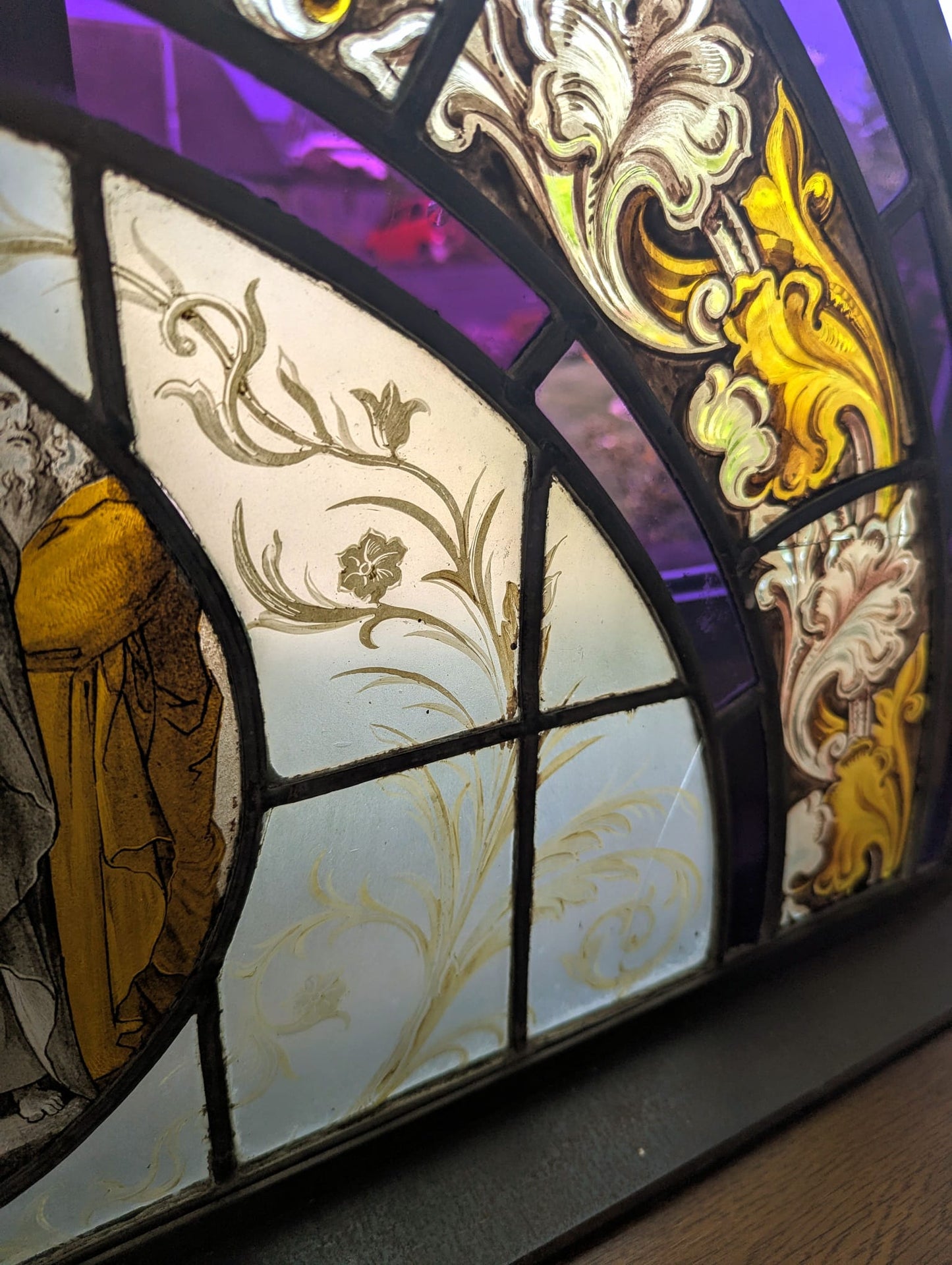 Hand painted 19th century religious Stained Glass with Steel Stand - Delivery Available