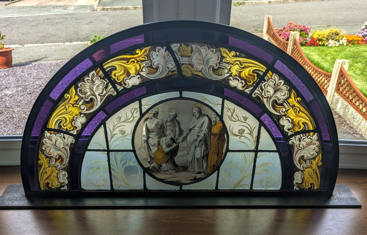 Hand painted 19th century religious Stained Glass with Steel Stand - Delivery Available