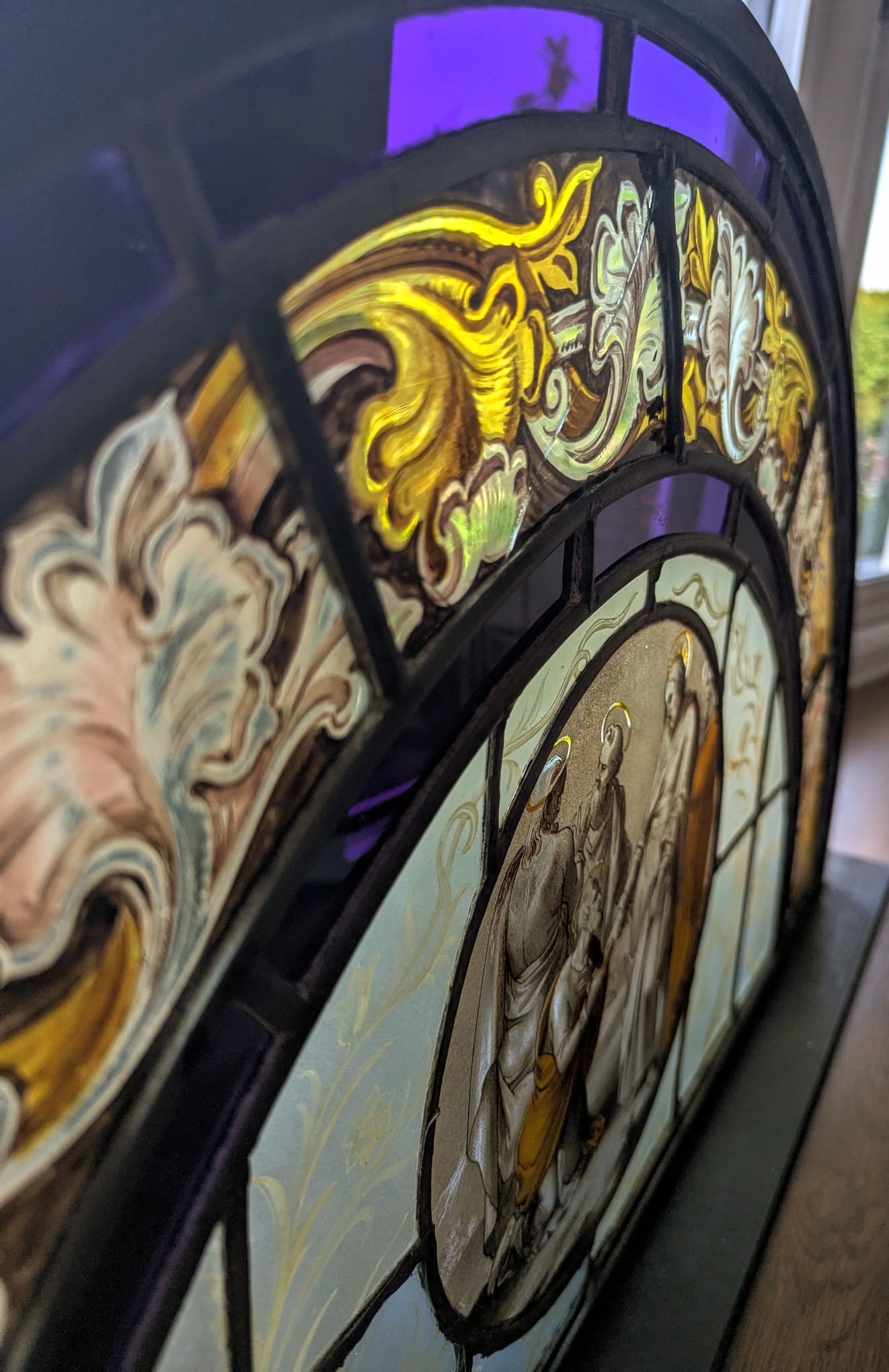 Hand painted 19th century religious Stained Glass with Steel Stand - Delivery Available