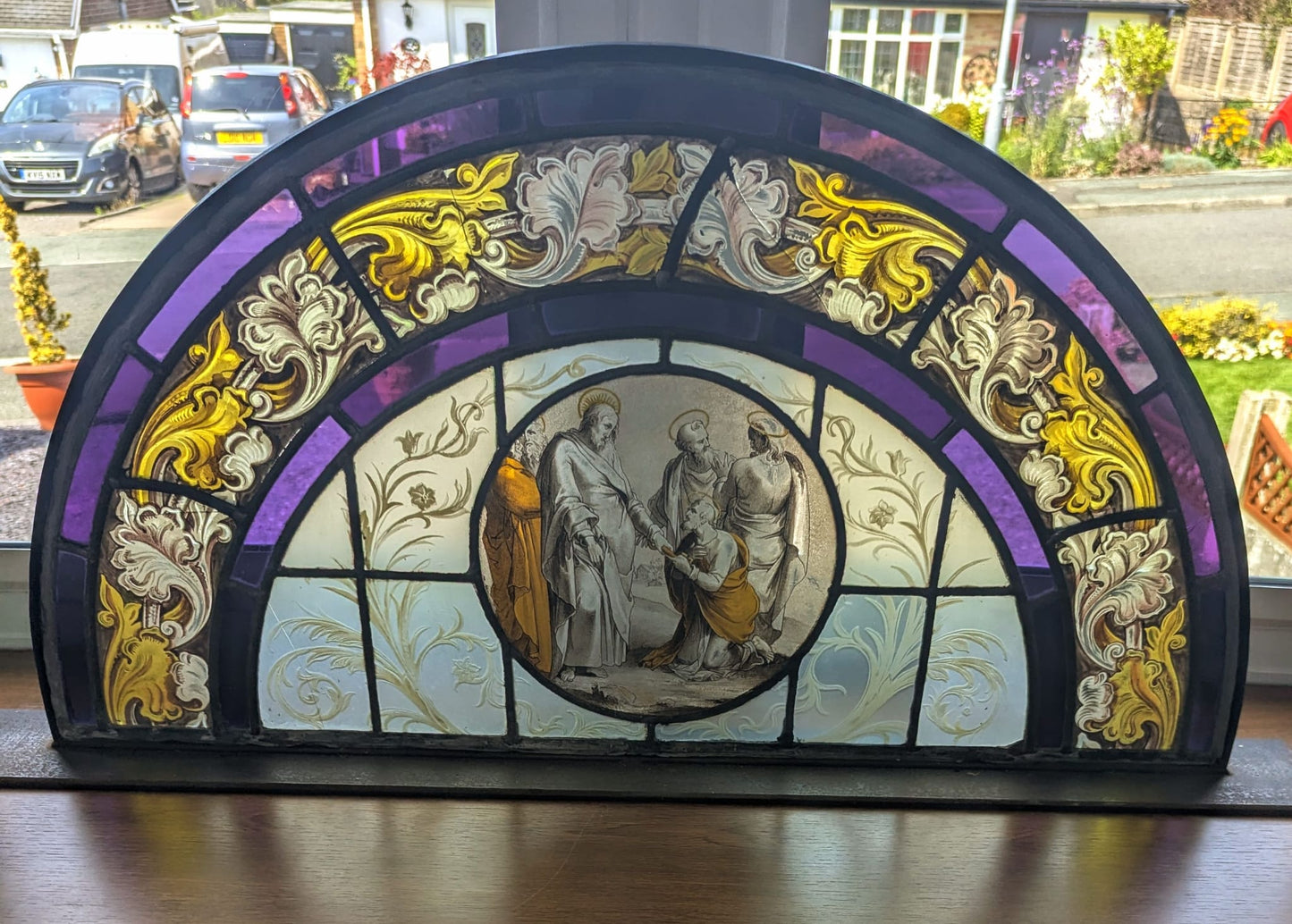 Hand painted 19th century religious Stained Glass with Steel Stand - Delivery Available