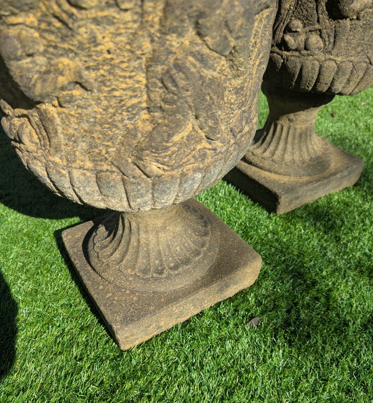 Pair 19th C Italian Style Stone Urns Classical Figure Decor - Delivery Available