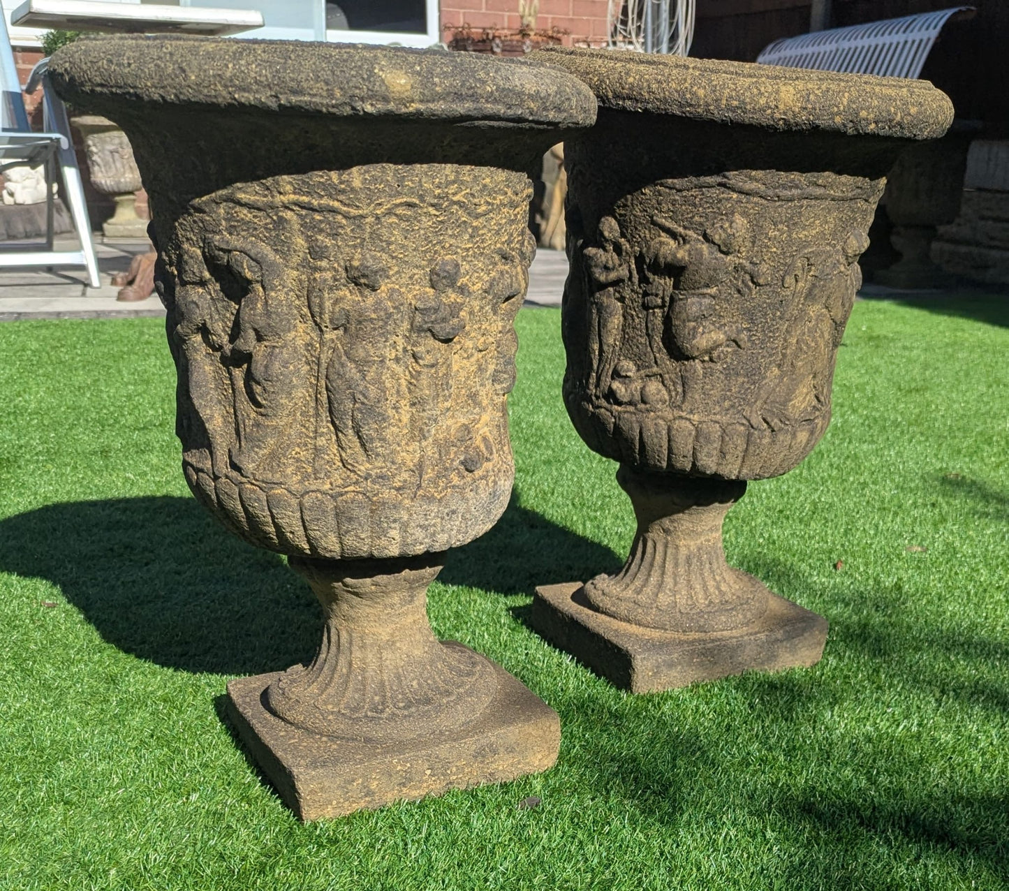 Pair 19th C Italian Style Stone Urns Classical Figure Decor - Delivery Available