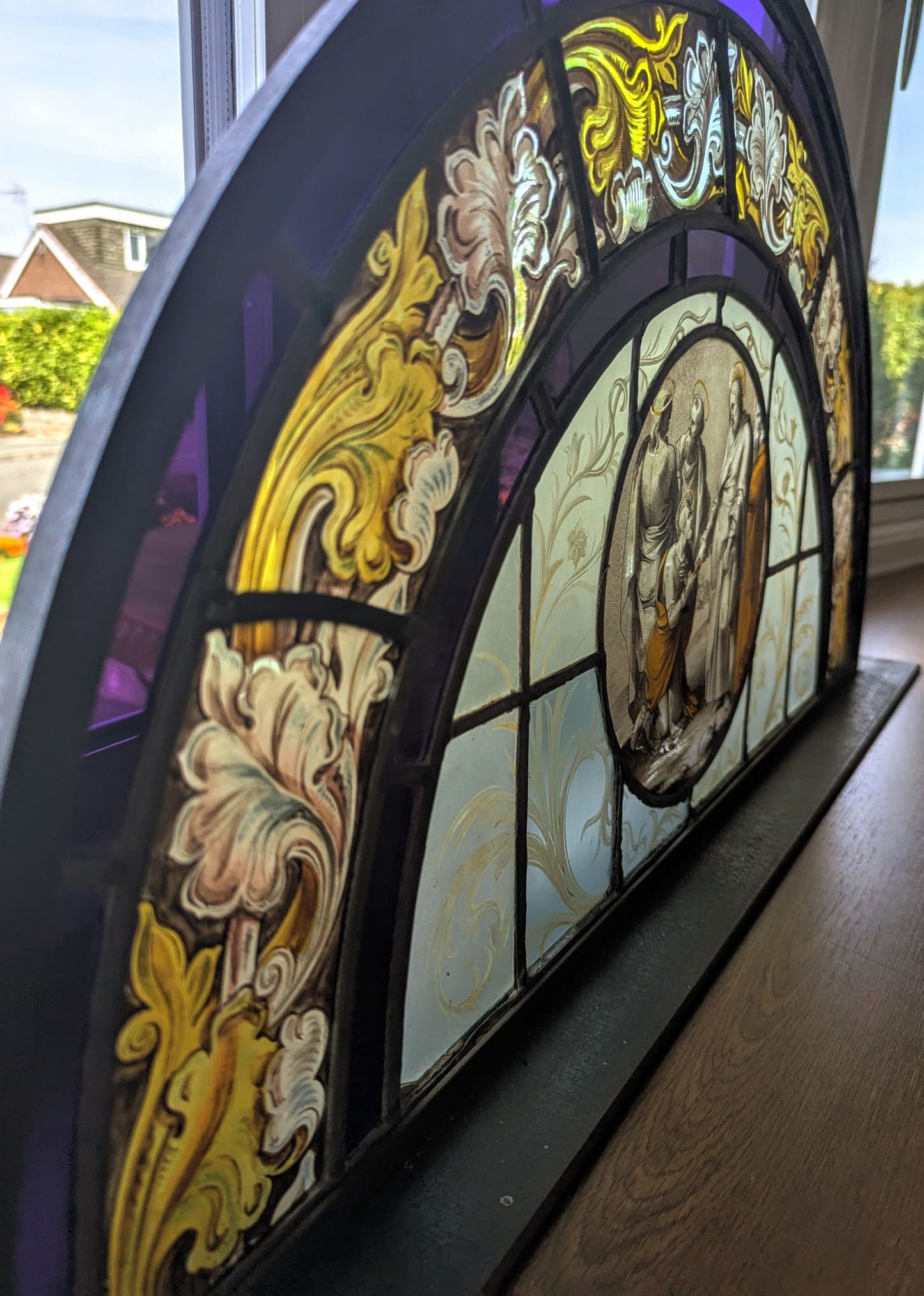 Hand painted 19th century religious Stained Glass with Steel Stand - Delivery Available