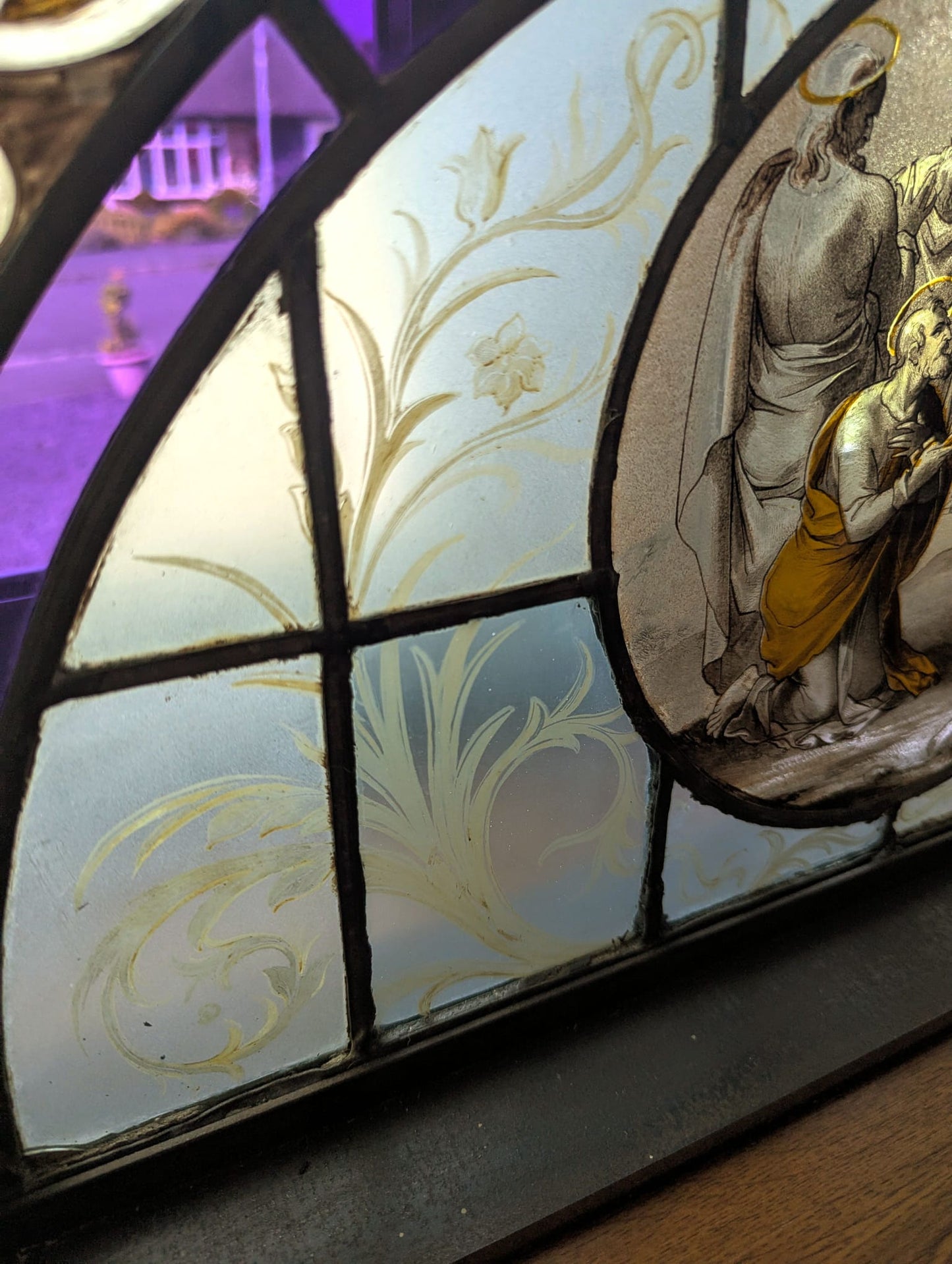Hand painted 19th century religious Stained Glass with Steel Stand - Delivery Available