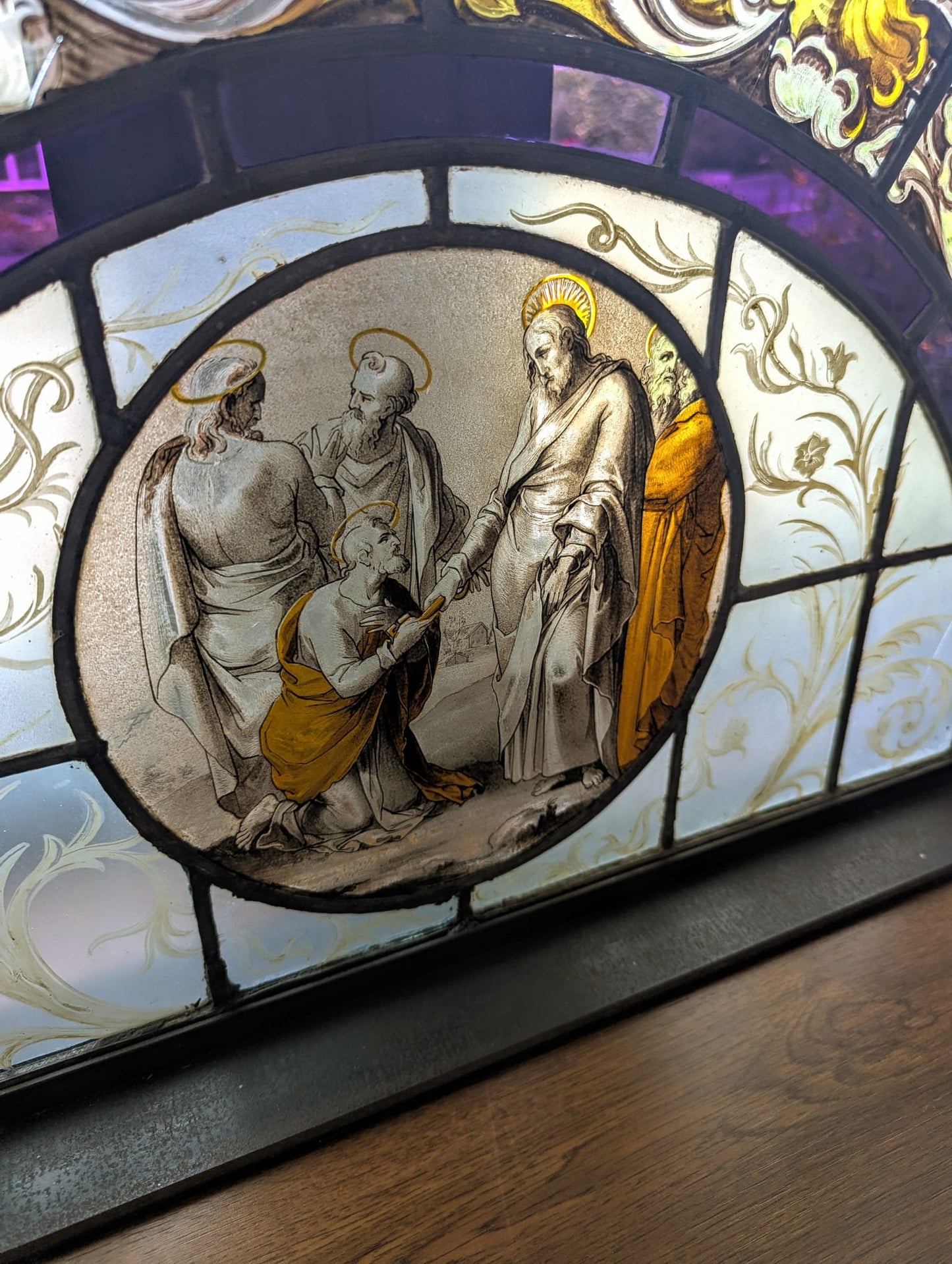 Hand painted 19th century religious Stained Glass with Steel Stand - Delivery Available