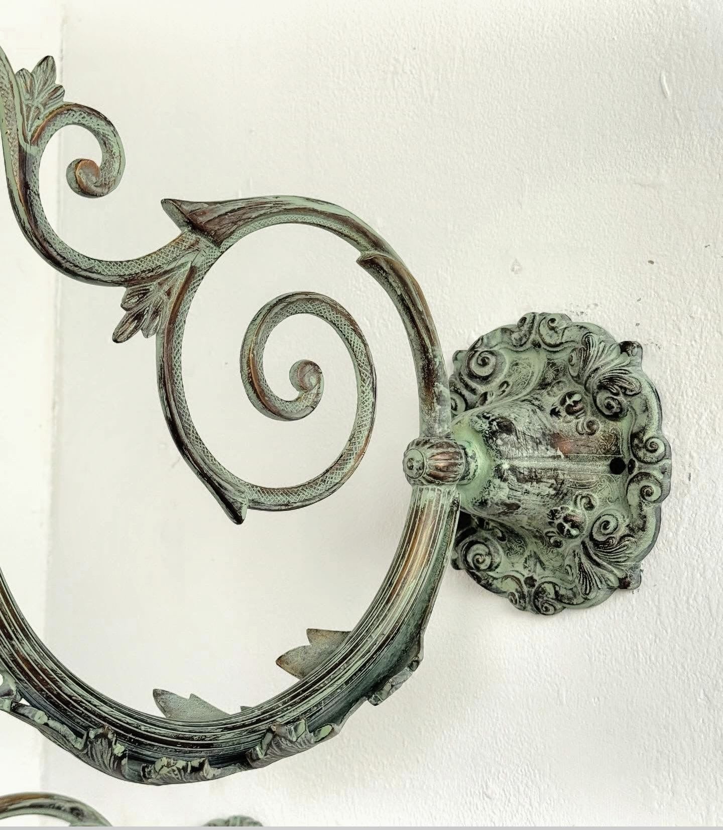 Pair Vintage ornate bronze Verdigris Light Brackets with Wire - Delivery Available
