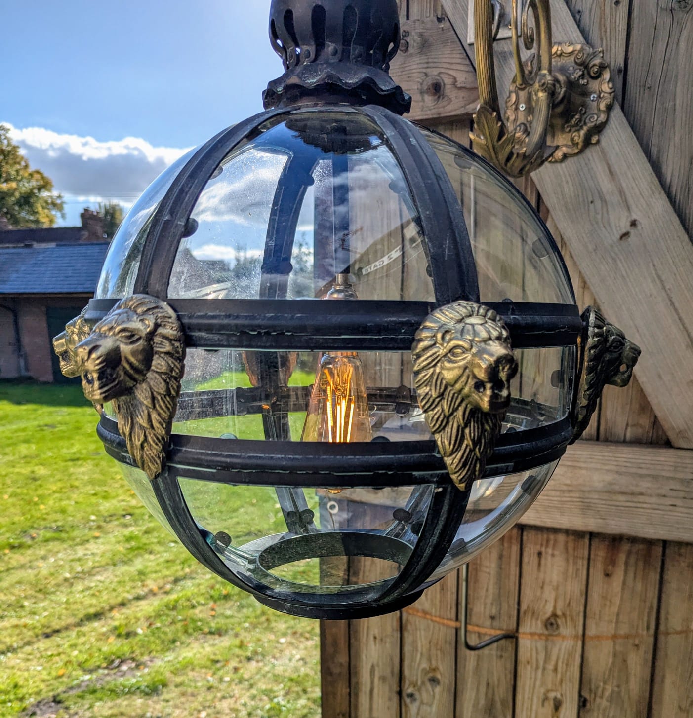 Bronze Verdigris & Brass Lions Glass Globe Lantern - Delivery Available In UK