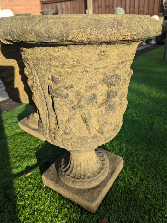 Pair 19th C Italian Composition Stone Urns Classical Figure Decor - Free UK Delivery