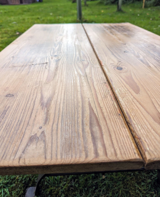 French vintage iron base reclaimed pine coffee table - Free UK Delivery