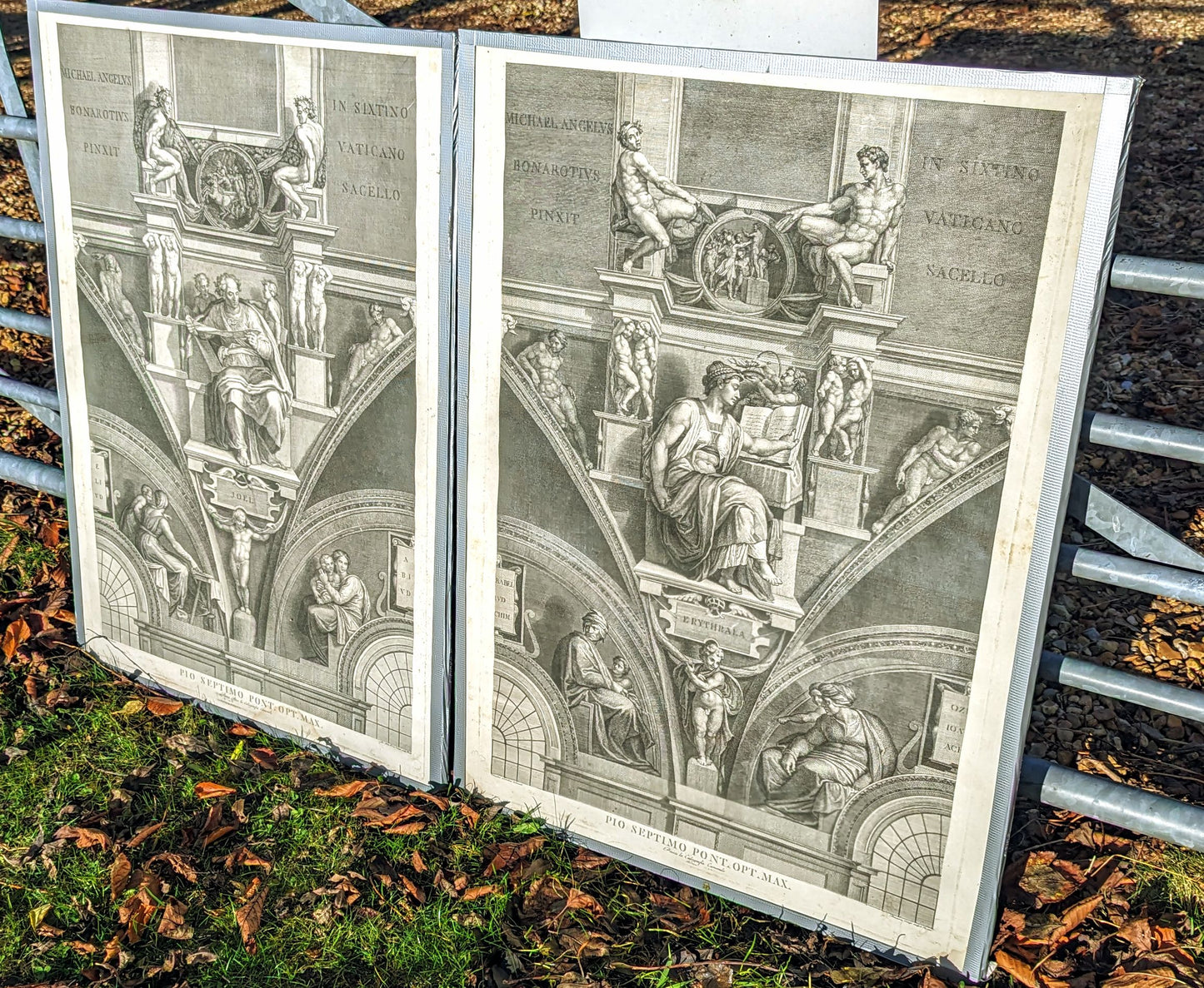 Antique pair 19th century Lithographs of Michael Angelo s Vatican works.