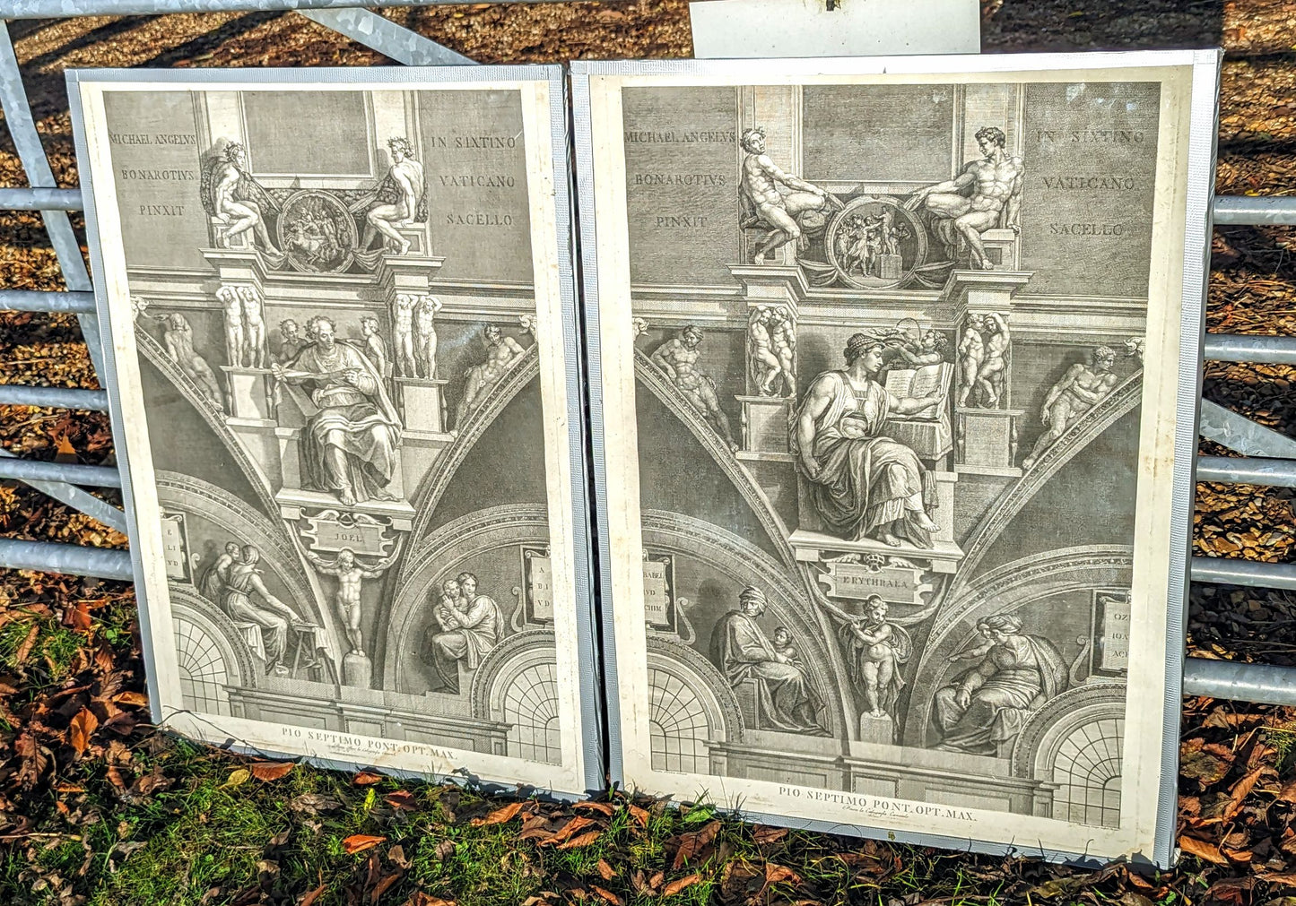 Antique pair 19th century Lithographs of Michael Angelo s Vatican works.