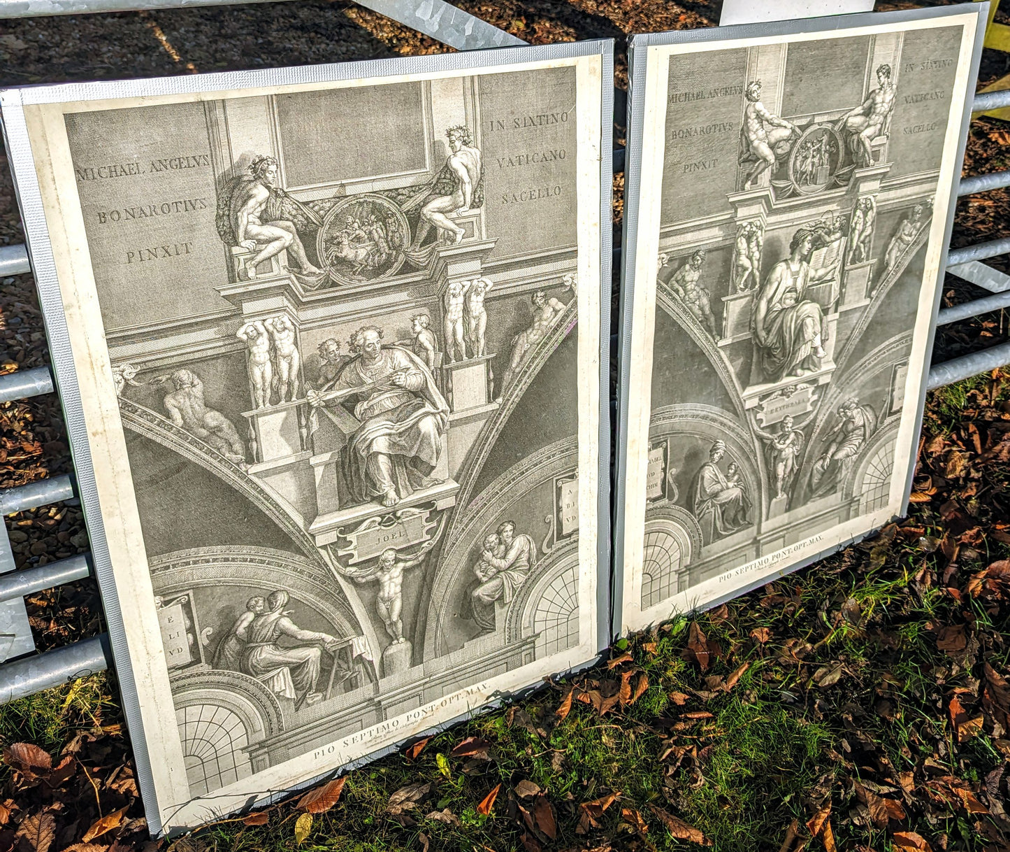 Antique pair 19th century Lithographs of Michael Angelo s Vatican works.