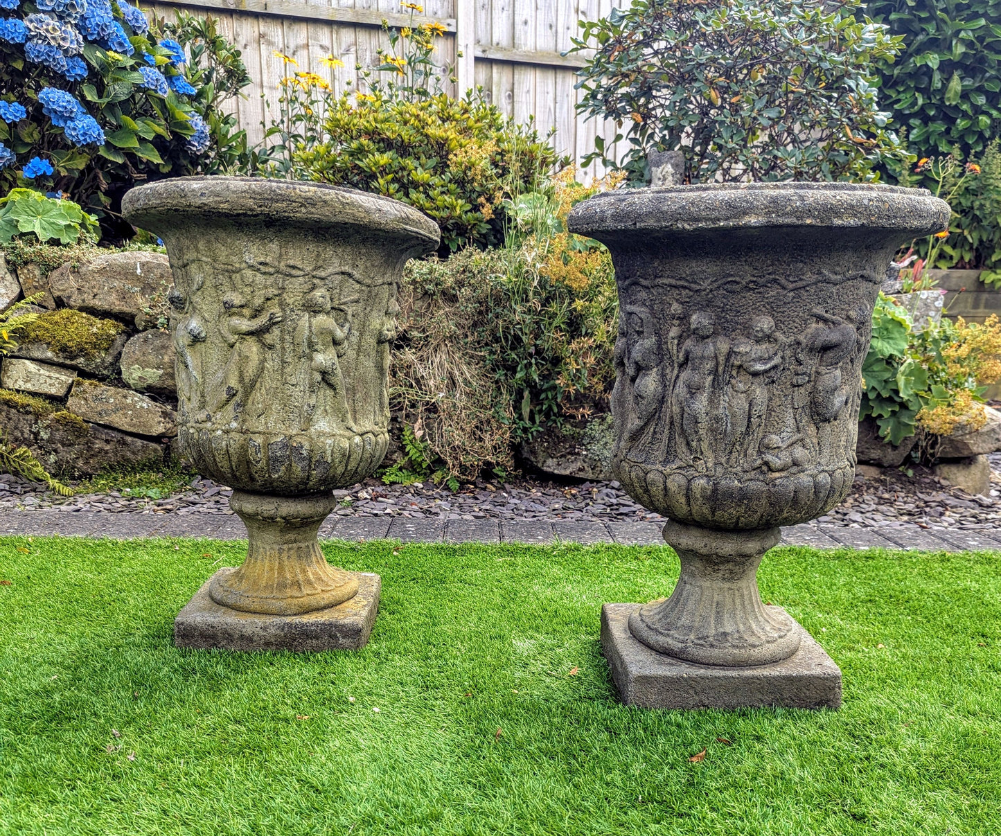 Pair 19th century Italian Composition Stone Urns Classical Figure Decor - Free UK Delivery