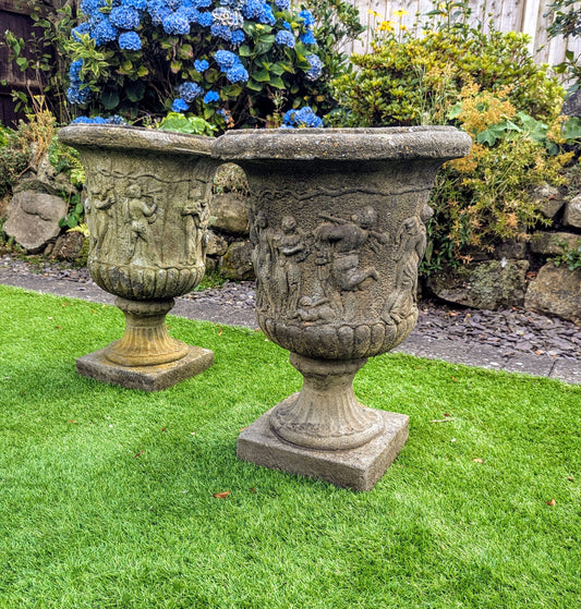 Pair 19th century Italian Composition Stone Urns Classical Figure Decor - Free UK Delivery