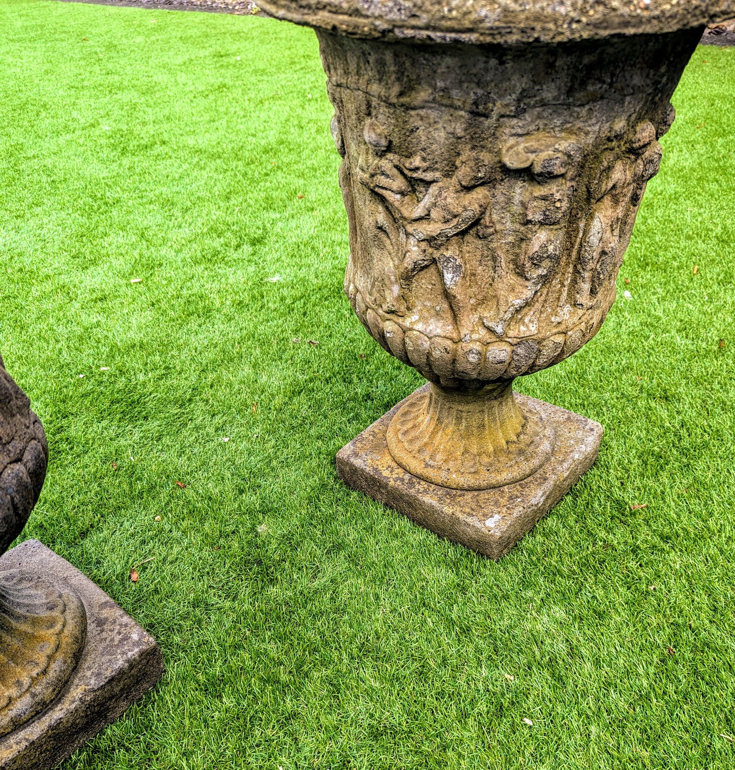 Pair 19th century Italian Composition Stone Urns Classical Figure Decor - Free UK Delivery