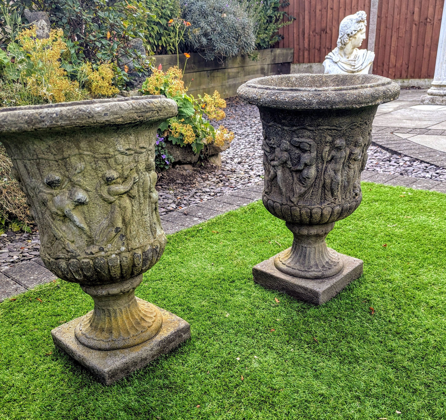 Pair 19th century Italian Composition Stone Urns Classical Figure Decor - Free UK Delivery