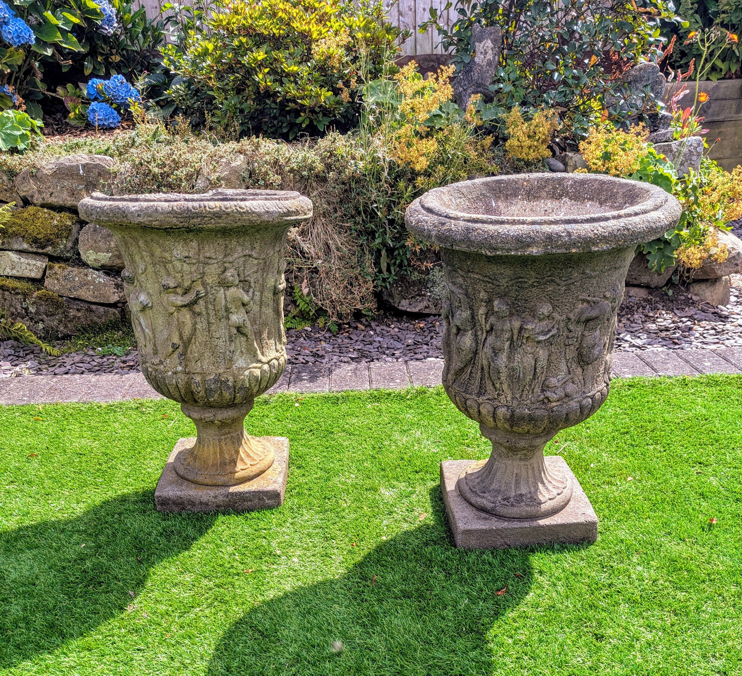 Pair 19th century Italian Composition Stone Urns Classical Figure Decor - Free UK Delivery