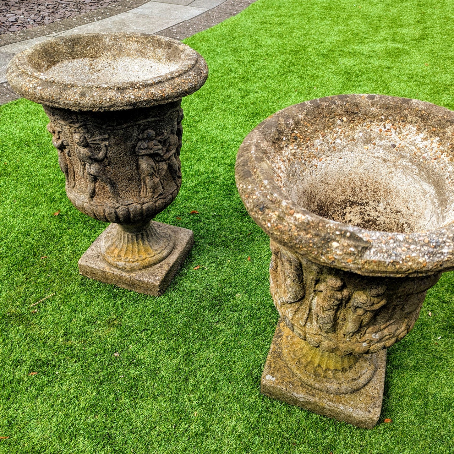Pair 19th century Italian Composition Stone Urns Classical Figure Decor - Free UK Delivery