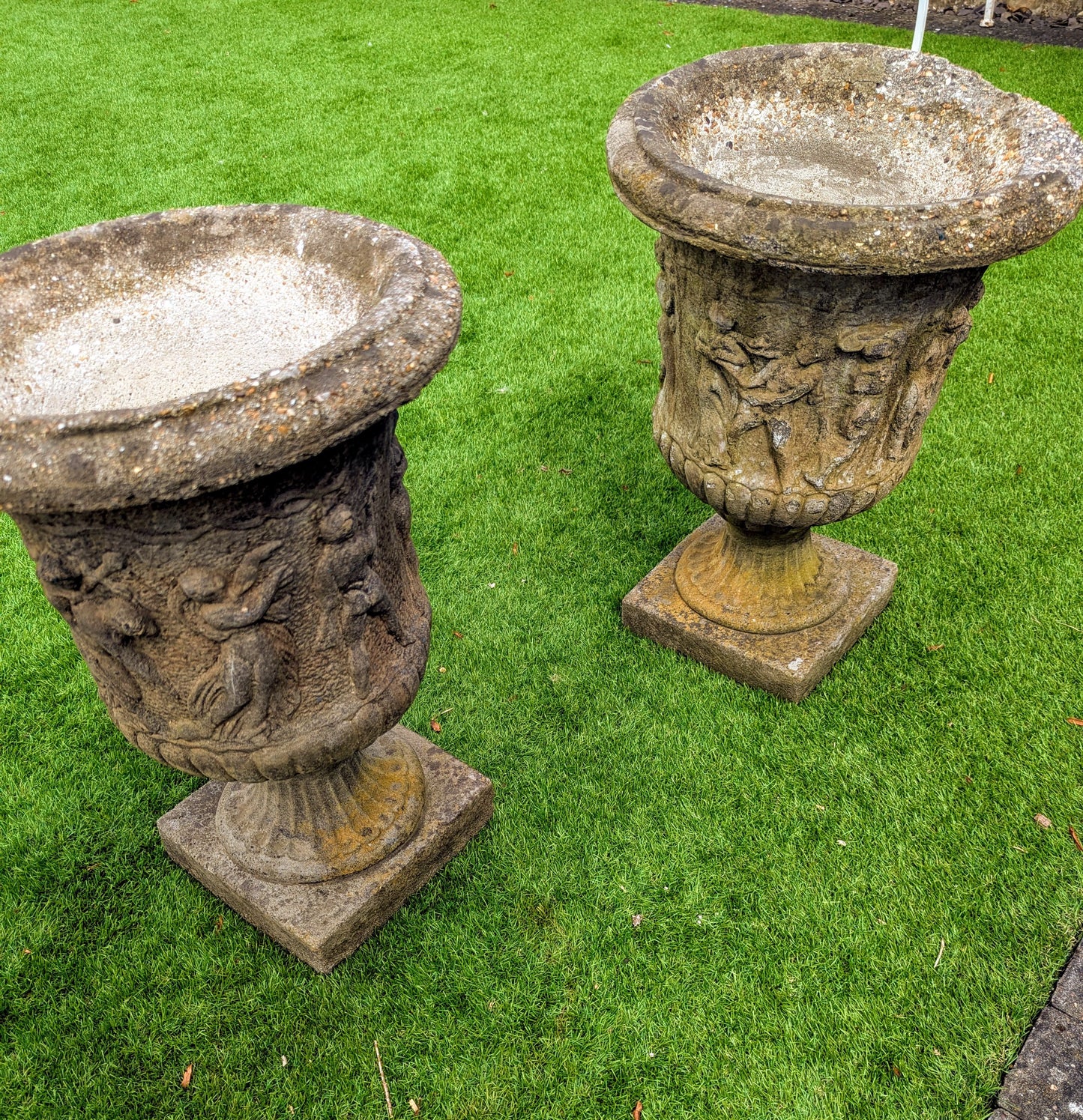 Pair 19th century Italian Composition Stone Urns Classical Figure Decor - Free UK Delivery