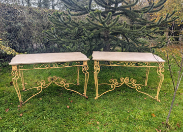 Art Deco Wrought Iron French 1930s Marble Top Centre Tables- Delivery Included