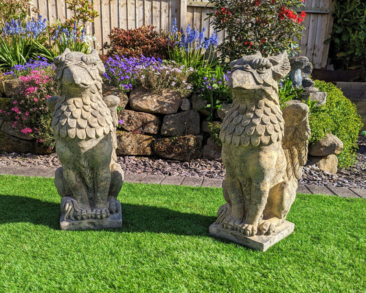 Winged Griffins garden ornament English stone - Free UK Delivery