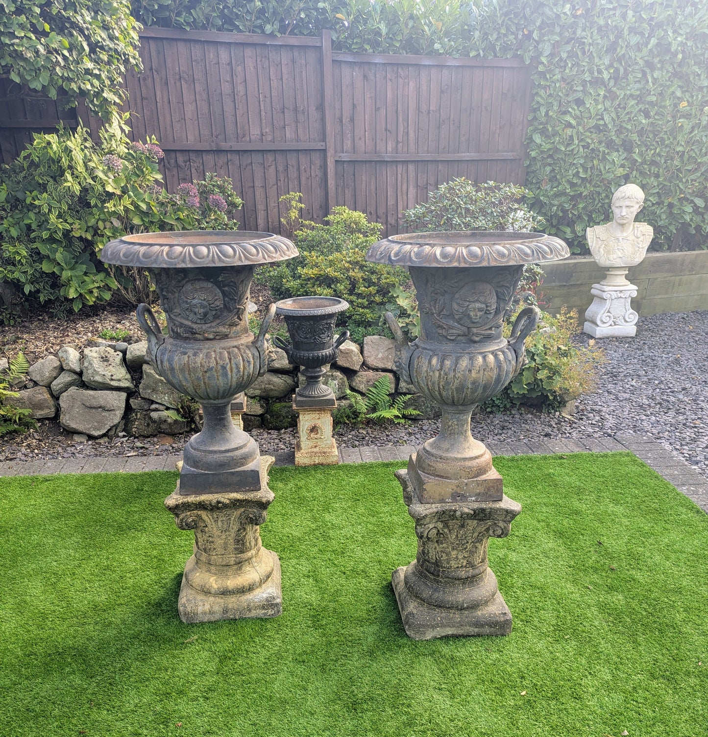 Pair huge 19th Century cast iron Campana Urns Lion handles - UK Delivery Available