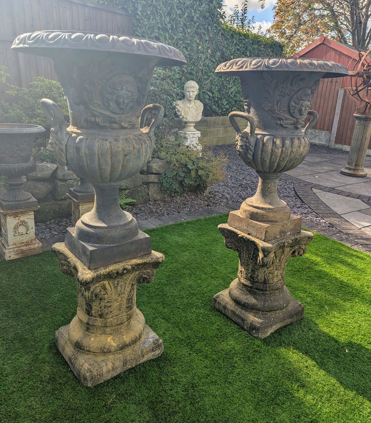 Pair huge 19th Century cast iron Campana Urns Lion handles - UK Delivery Available